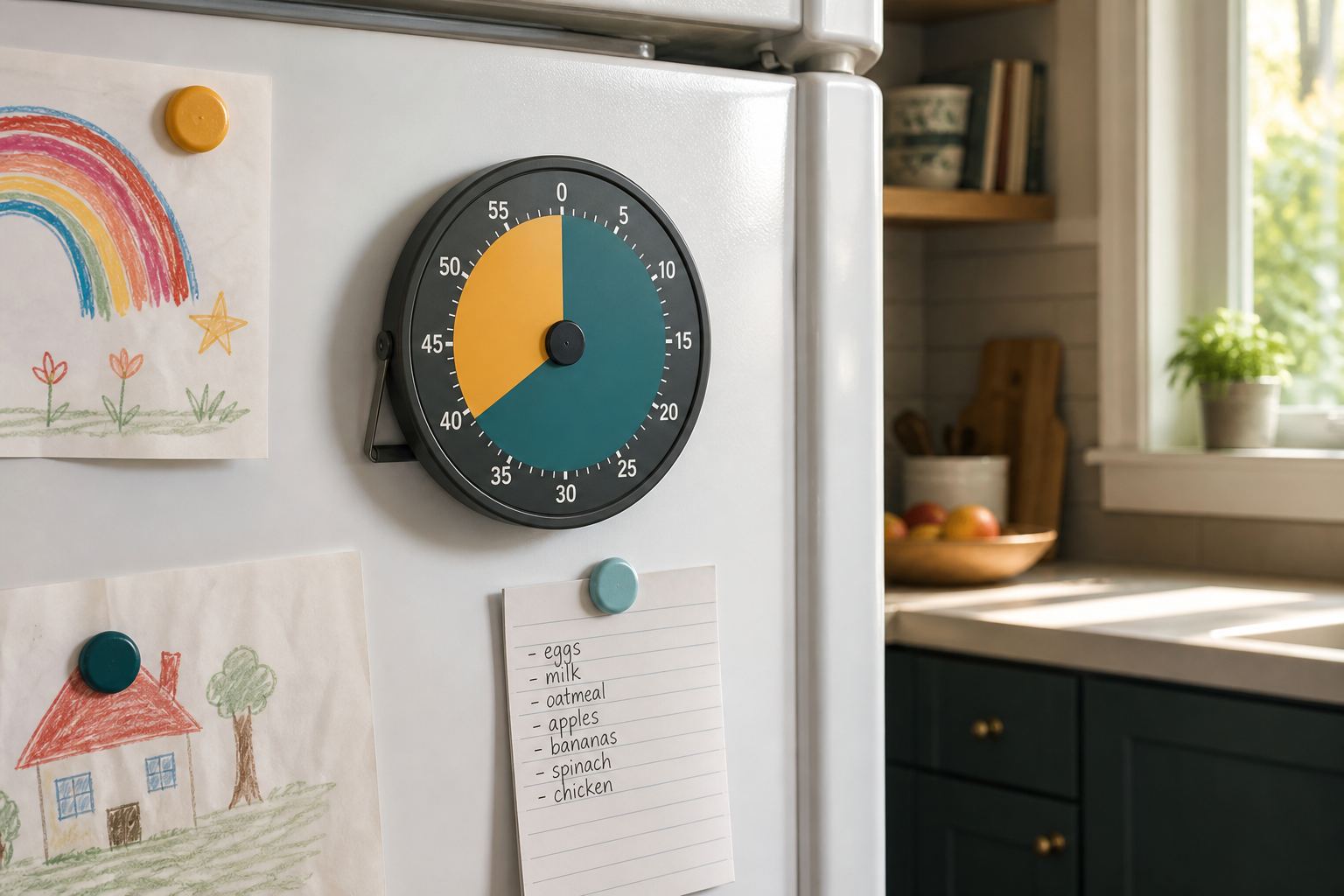 QuietDisk magnet-mounted on a kitchen fridge